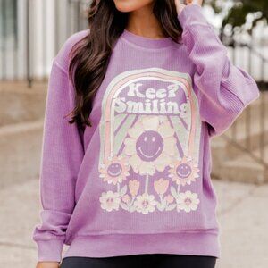 NEW Pink Lily Size Large Keep Smiling Purple Corded Graphic Sweatshirt